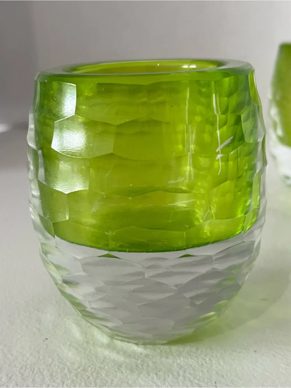 Vintage Faceted Green & clear heavy  Glass Votive Holder Set -